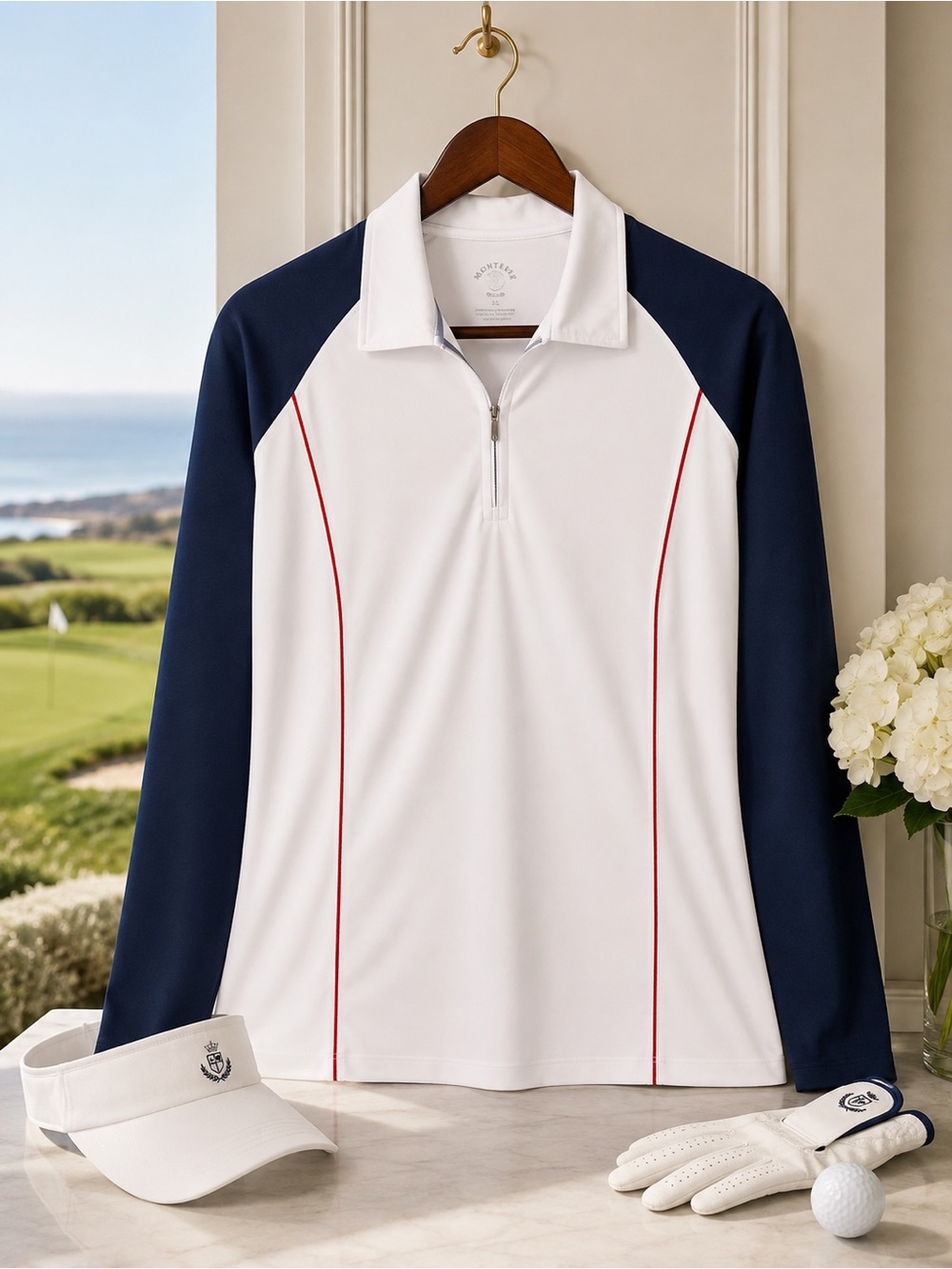 Monterey Club XL UPF 50+ White Navy Quarter Zip Golf Top